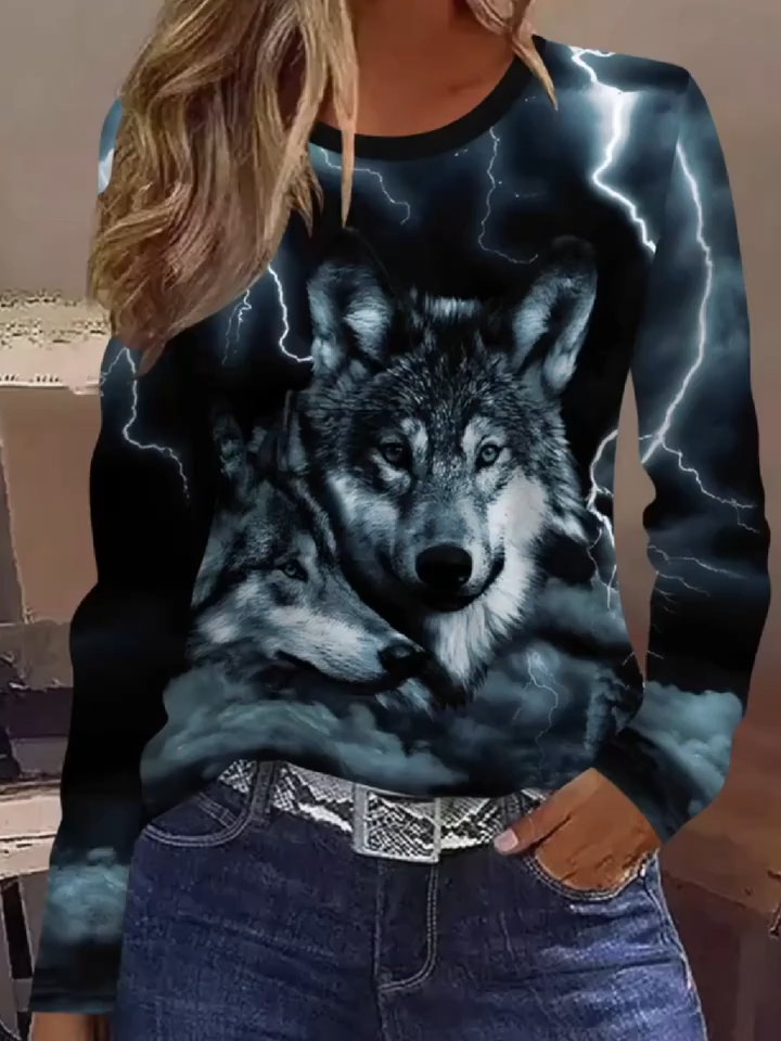 Elegant Fashion - Casual Vacation - Abstract Painting Tie-Dye - Wolf Graphic Full-Body Print - Breathable 2D Print - Crew Neck Long Sleeve T-Shirt - Casual Shirt - New Autumn Winter Women's Long Sleeve Top