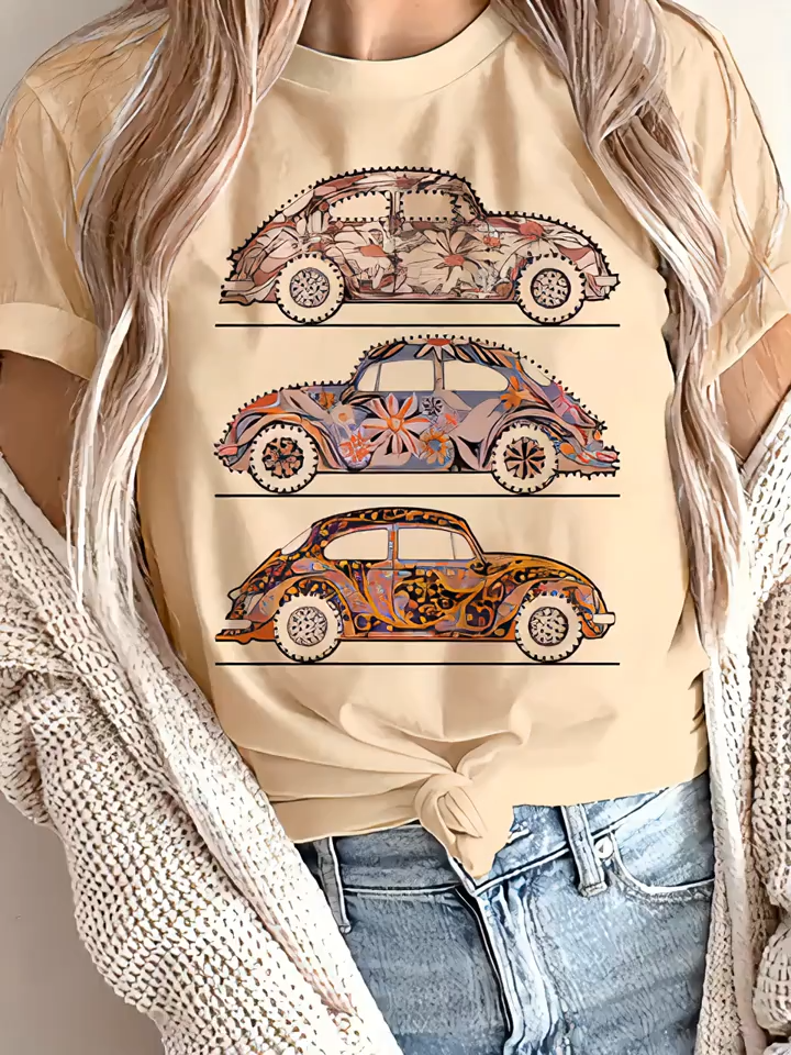 Women's Casual T-Shirt - Short Sleeve with Floral Car Graphic Print - Round Neck Semi-Sheer Top - Breathable Machine-Washable Fabric - Contrast Color Accents & Moderate Stretch for All-Season Wear - Ladies T Shirts